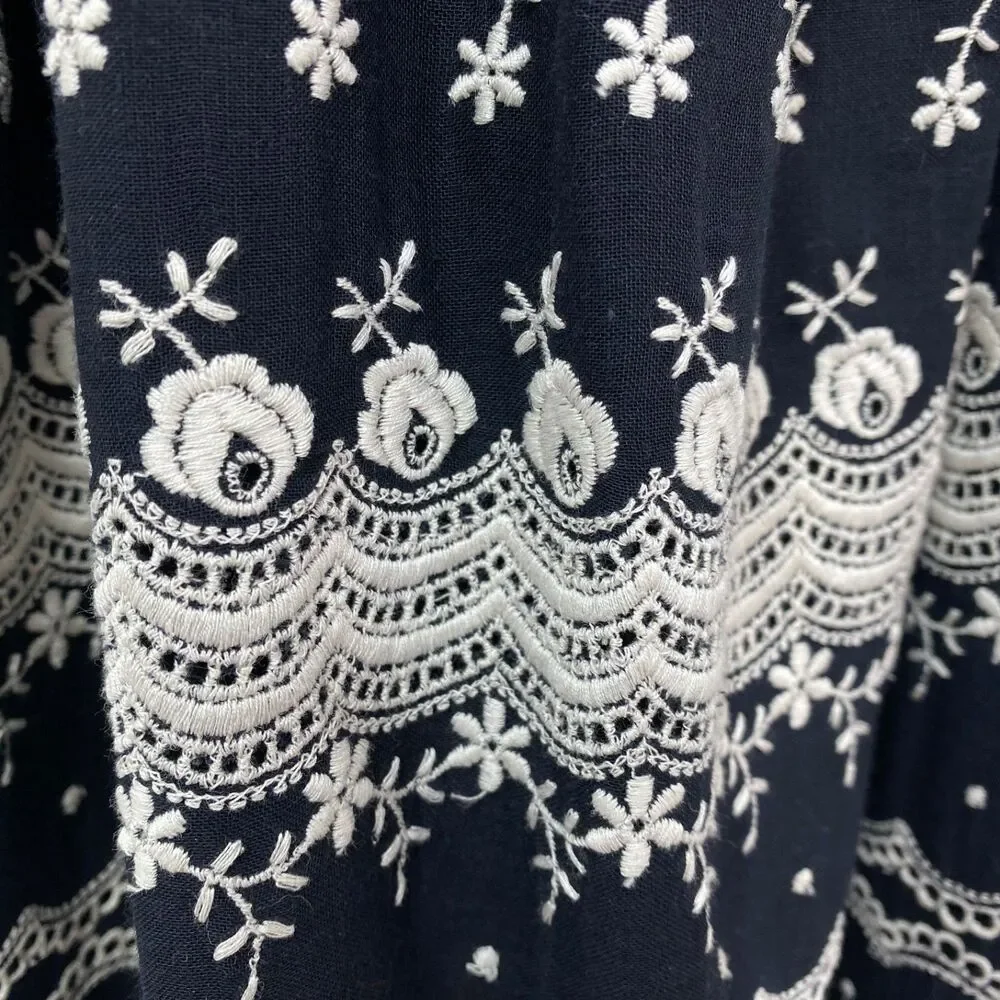 Vtg Black White Embroidered Dress XL Polka Dots Button Front Long Sleeves Boho